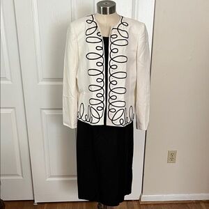 Kasper White Open-Front Jacket with Black Scroll Embroidery